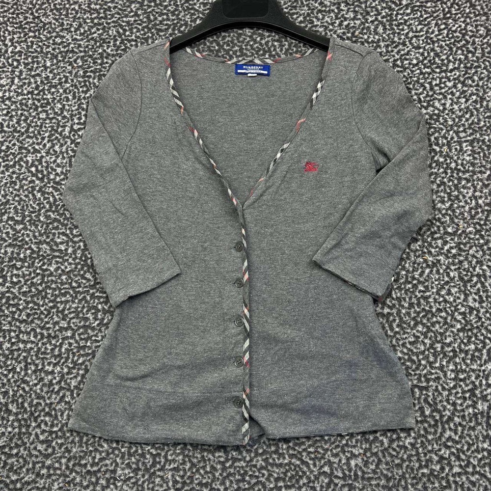 Burberry Blue Label Cardigan Women 38 Gray Plaid Button Up V- Neck 3/4 Sleeve